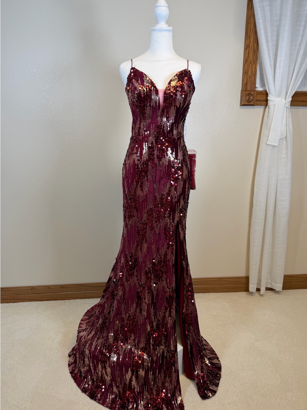 Elegant Burgundy Sequin Evening Gown